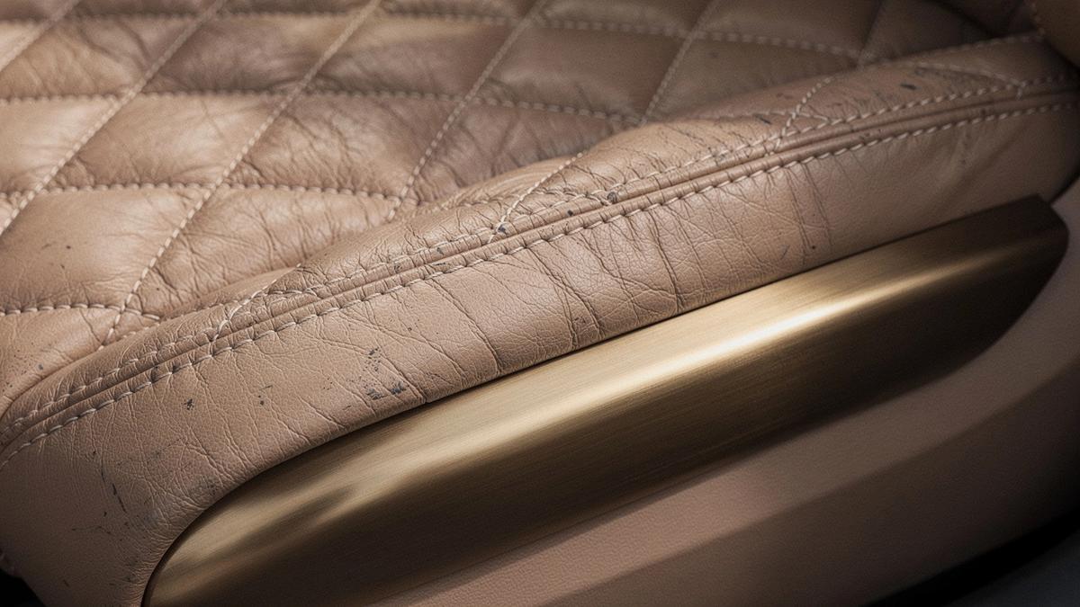 Close interior detail of a luxury sedan showing stitched leather seats and brushed metal trim